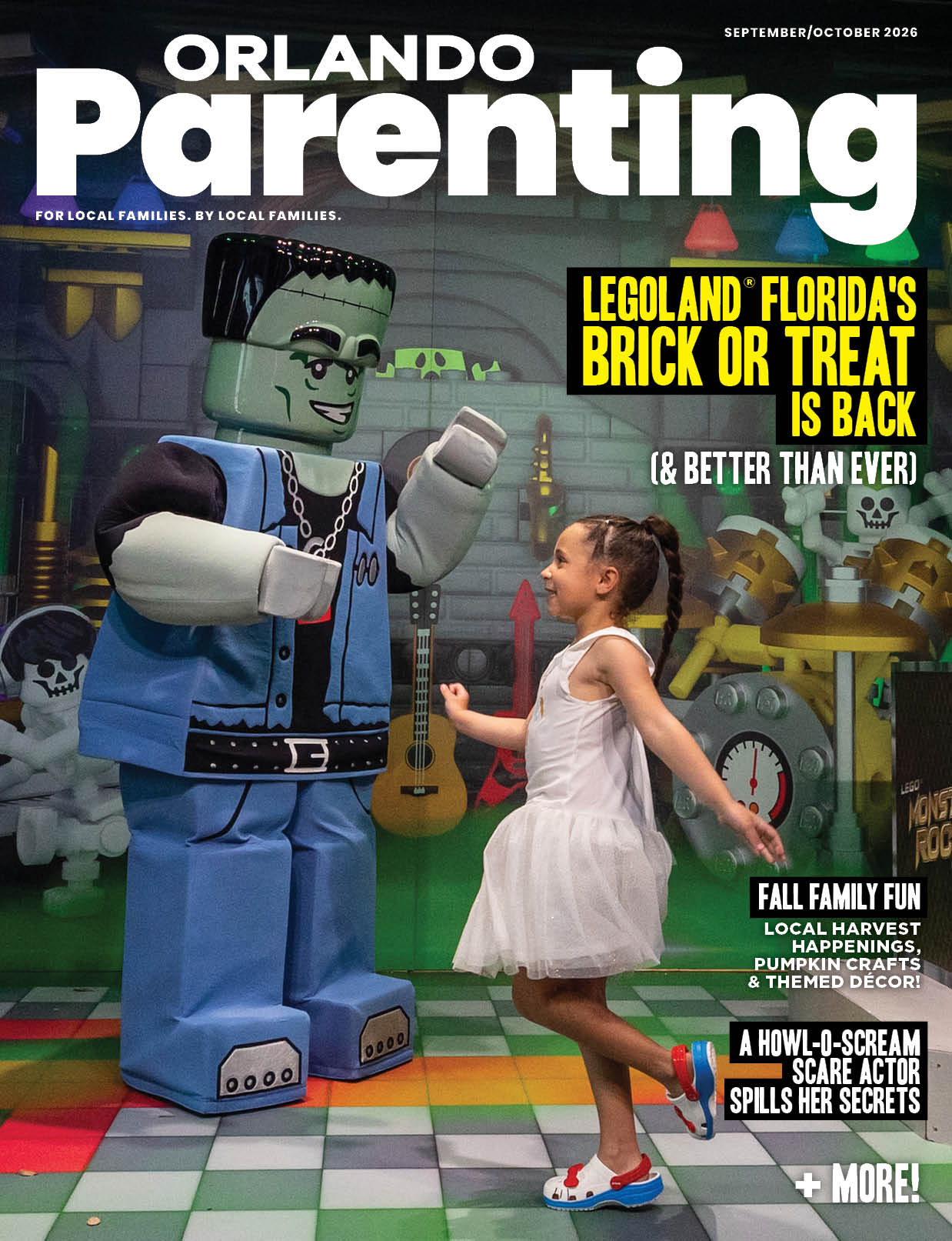 Orlando Parenting, September/October 2026 — a child dancing with a LEGO Frankenstein at Brick or Treat