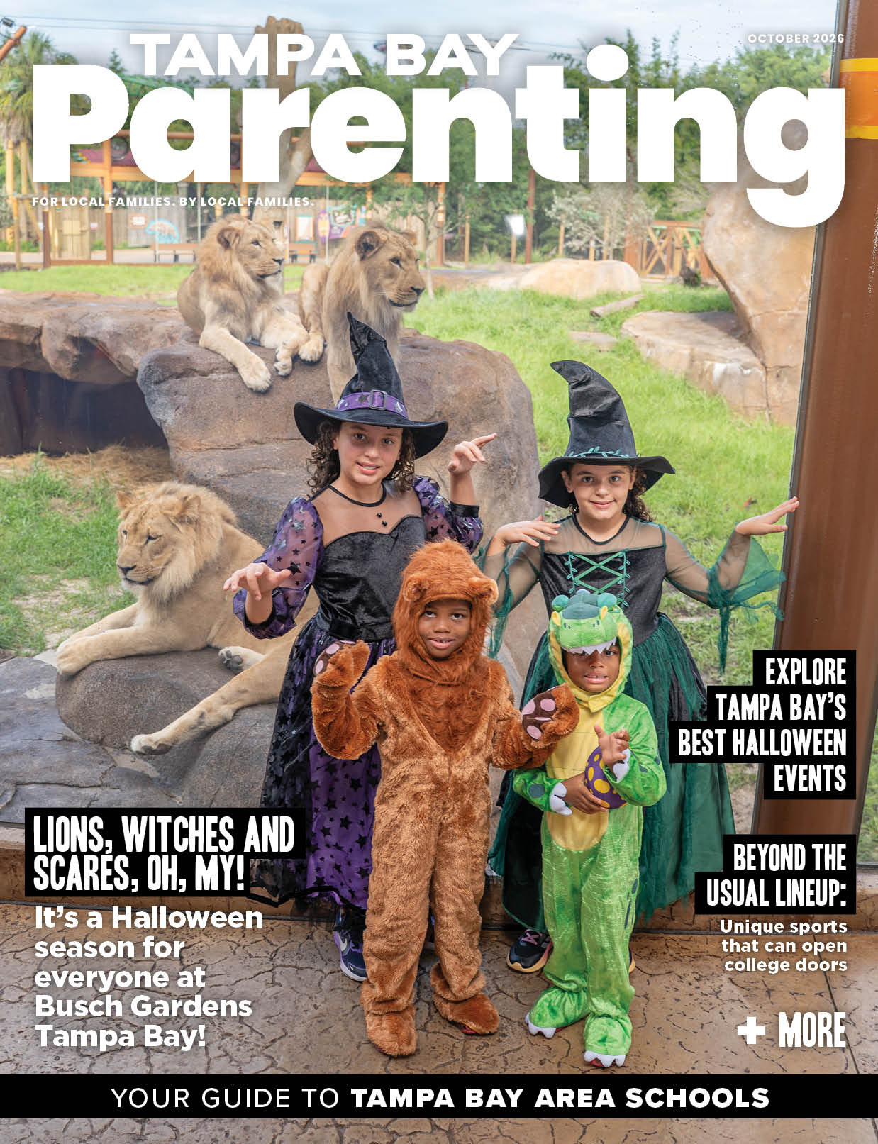 Tampa Bay Parenting, October 2026 — children in Halloween costumes beside the lion habitat at Busch Gardens